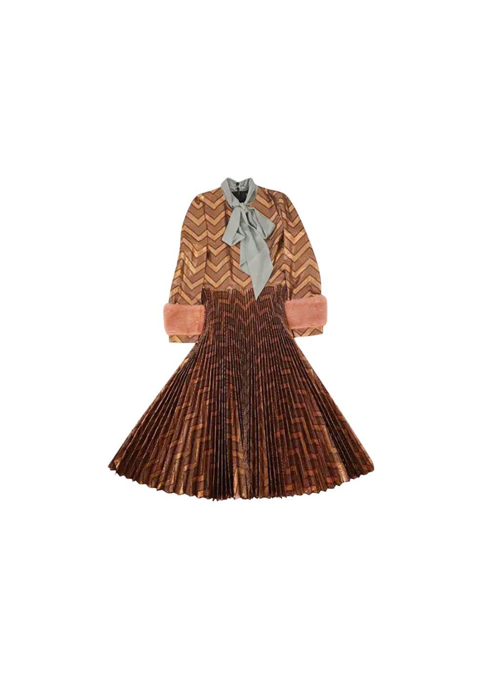 Bronze metallic lame pussy-bow dress