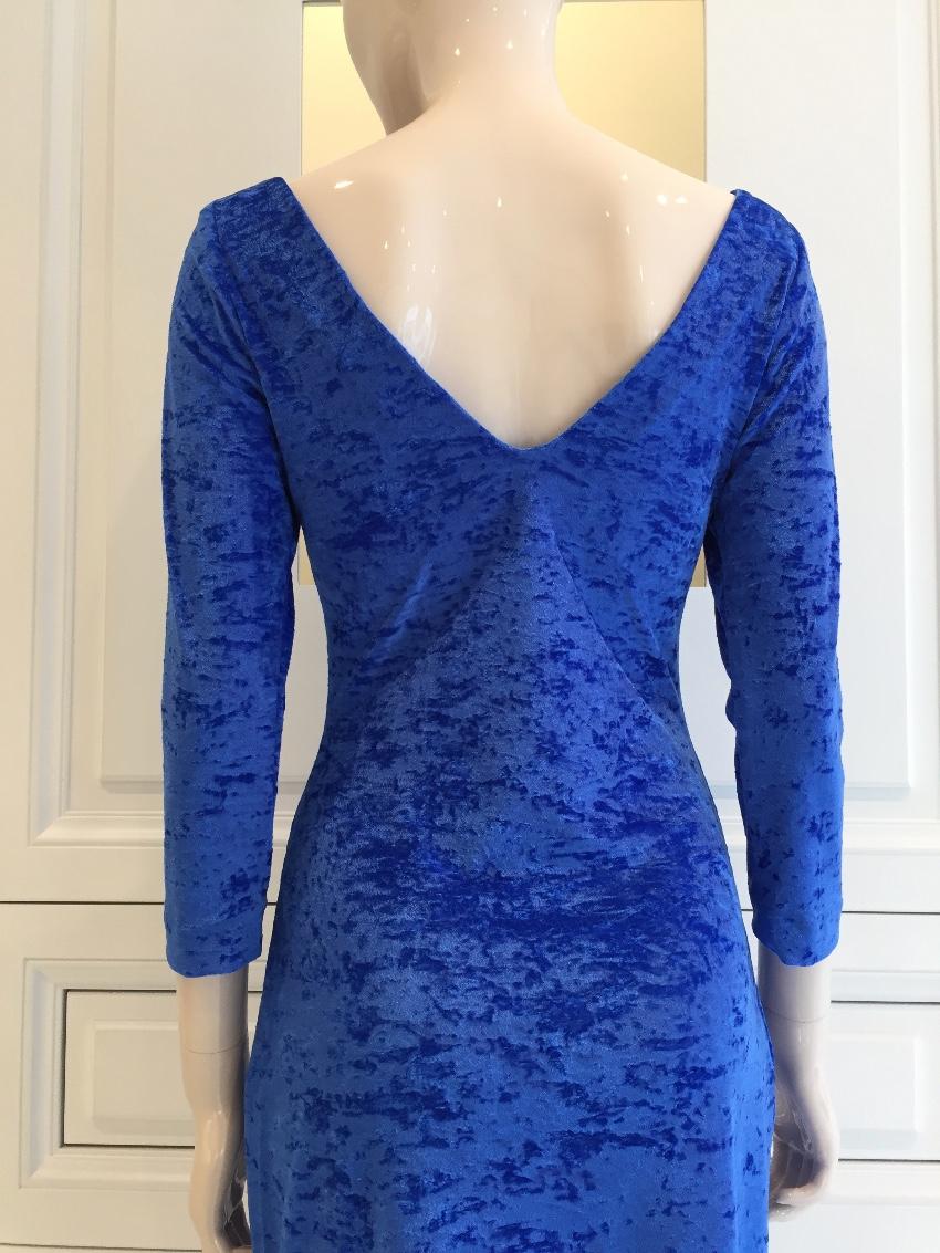French Couture Electric Blue Panne Velvet V Back Dress