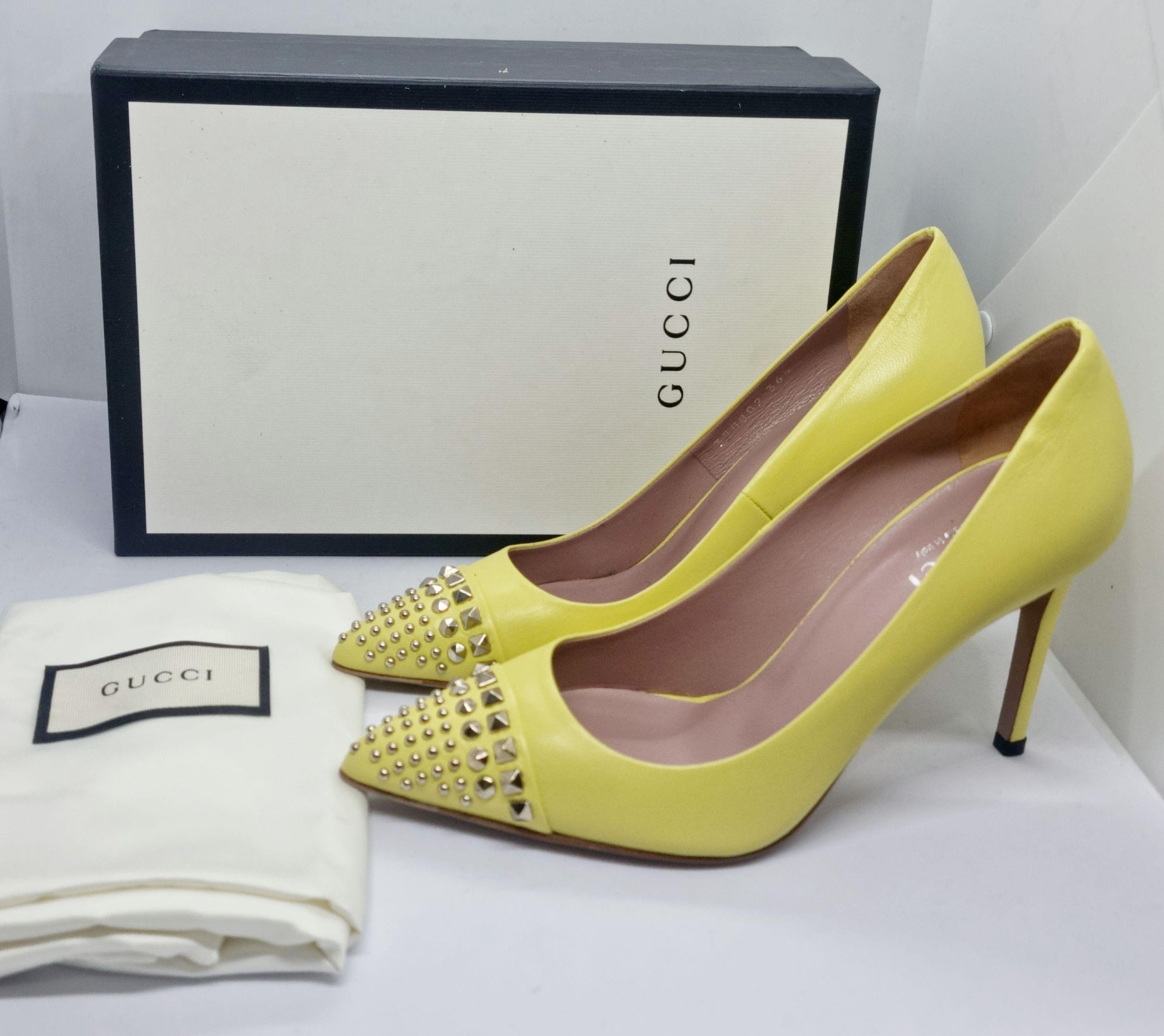 Gucci Yellow Studded Leather Malaga Pointed Toe Pumps