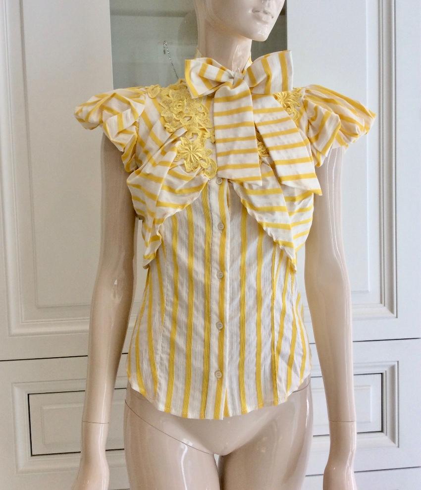 Gaetano Navarra Yellow and White Stripe Pussy Bow Blouse