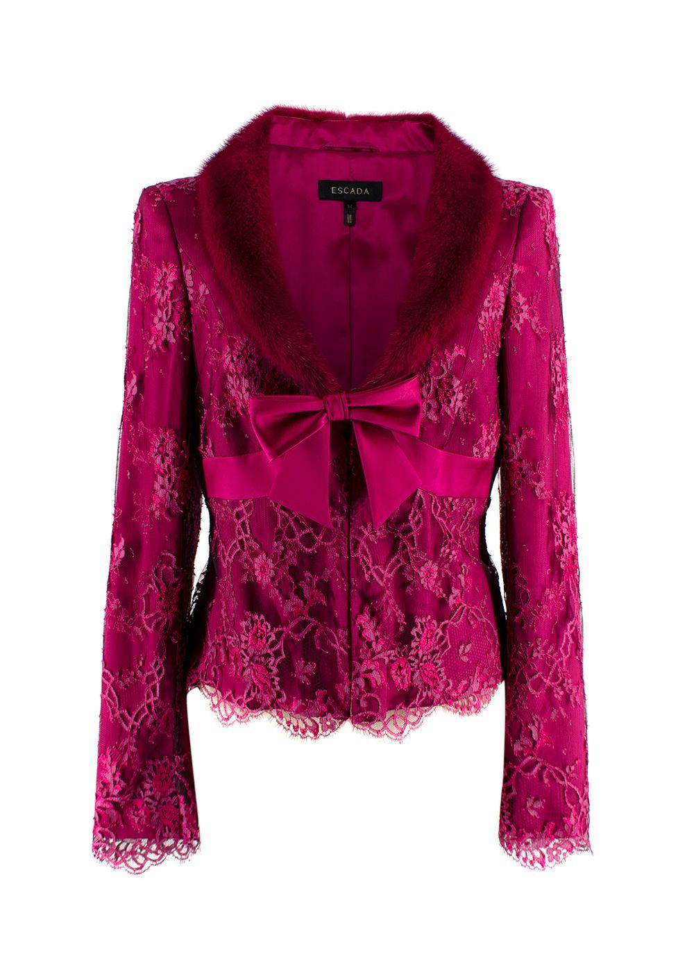 Escada Cherry Lace Mink Fur Trimmed Silk Lace Top and Skirt