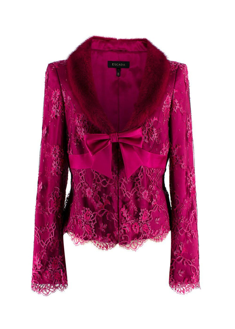 Escada Cherry Lace Mink Fur Trimmed Silk Lace Top and Skirt