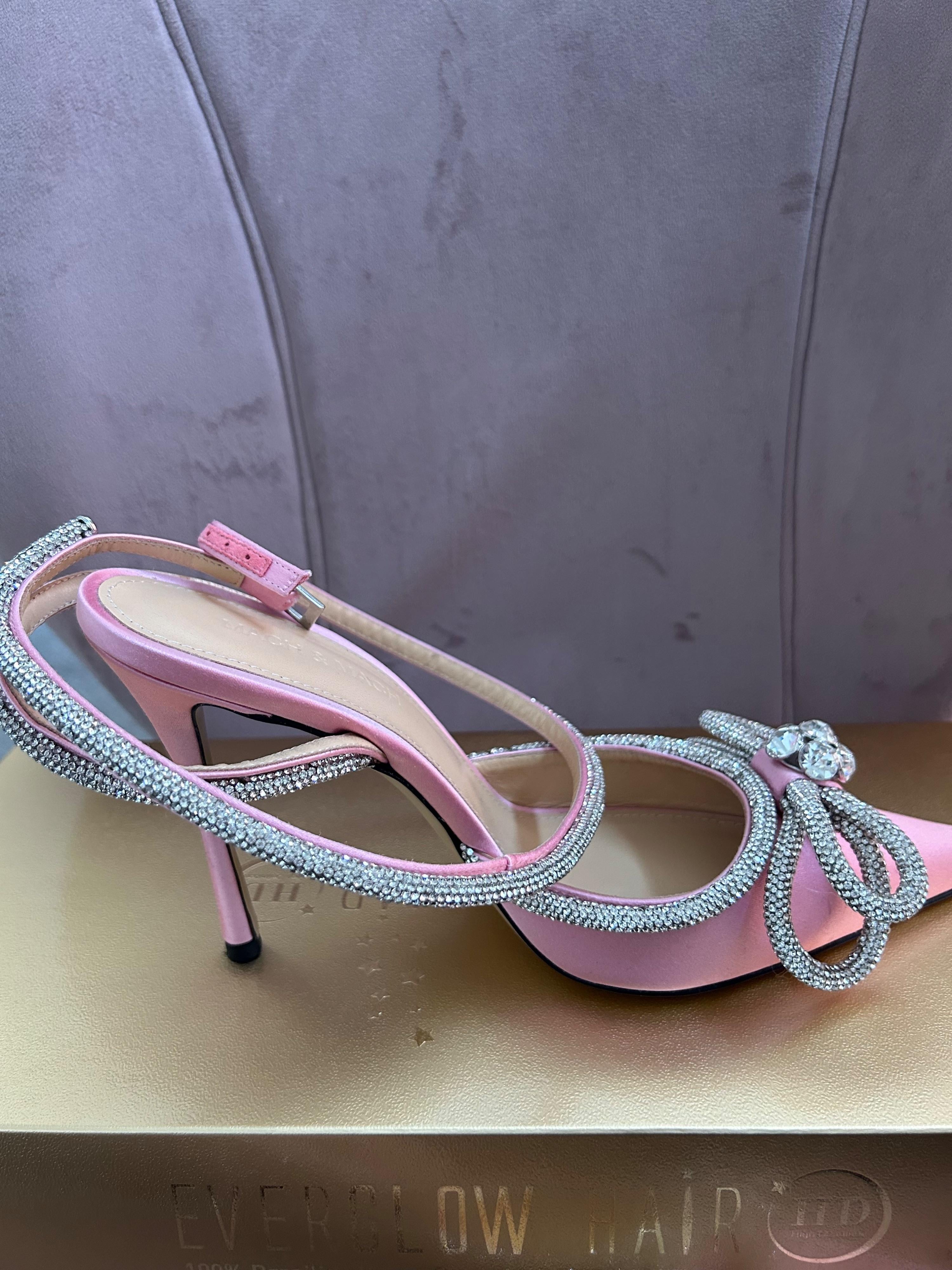 Double Bow Crystal Embellished Pink Satin Pumps