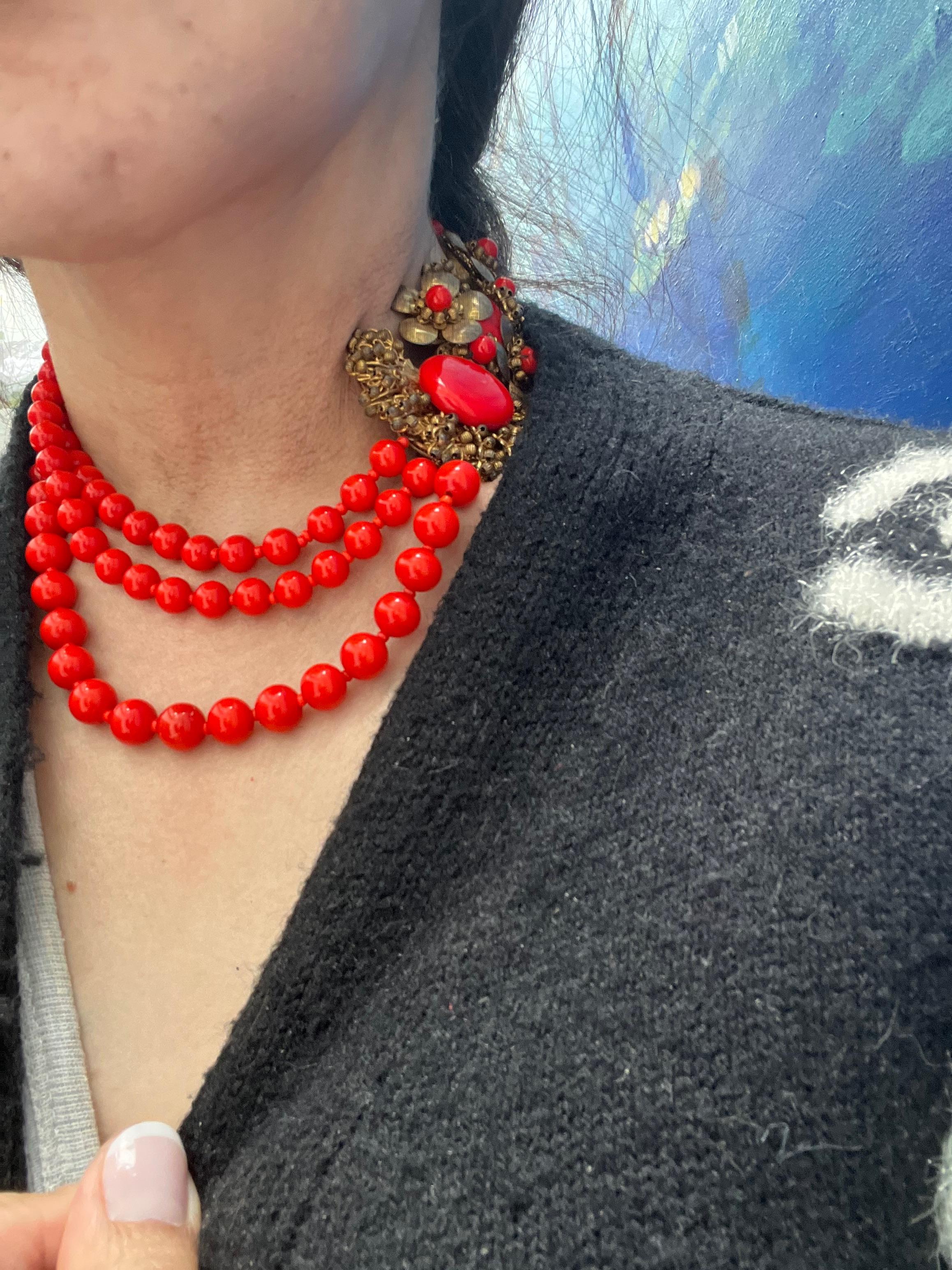 Miriam Haskell Red Three Strand Glass Bead Necklace