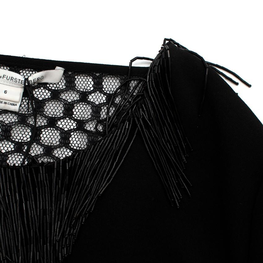 Diane von Furstenberg Black Fringed Embellished Lace Back Dress