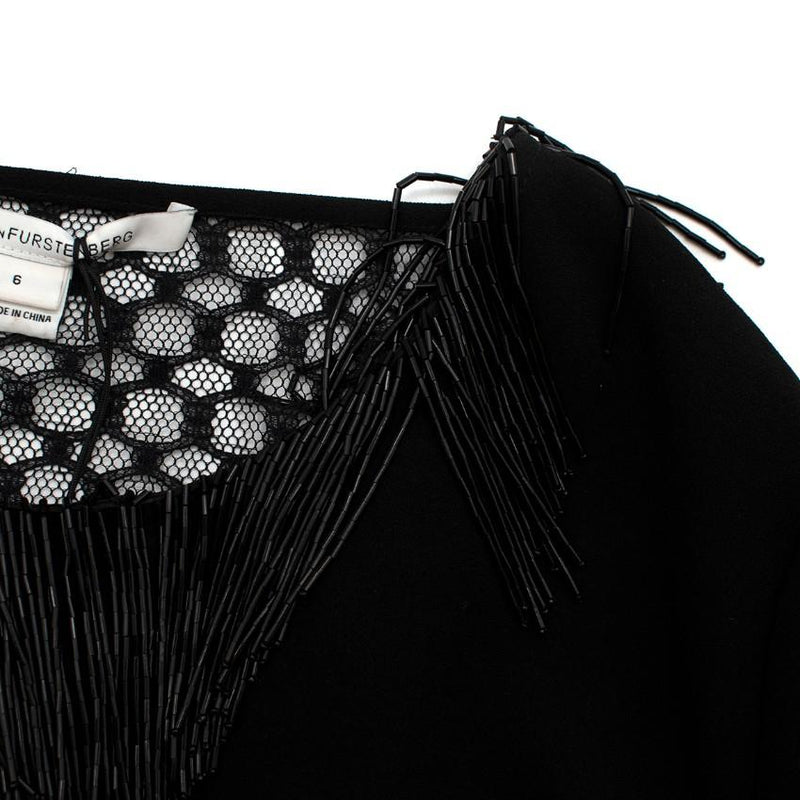 Diane von Furstenberg Black Fringed Embellished Lace Back Dress