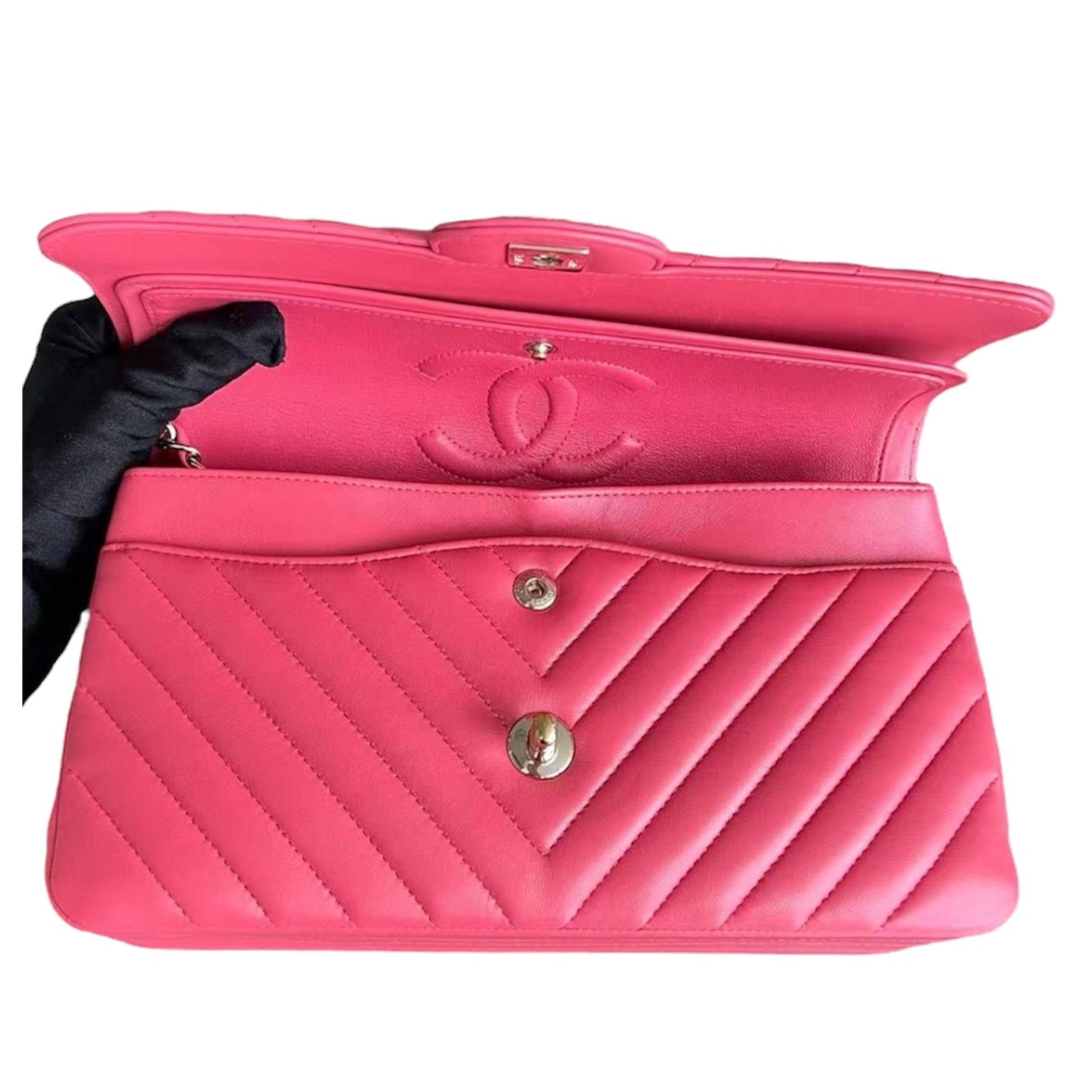 Coral Pink Medium Quilted Chevron Lambskin Classic Double Flap Bag