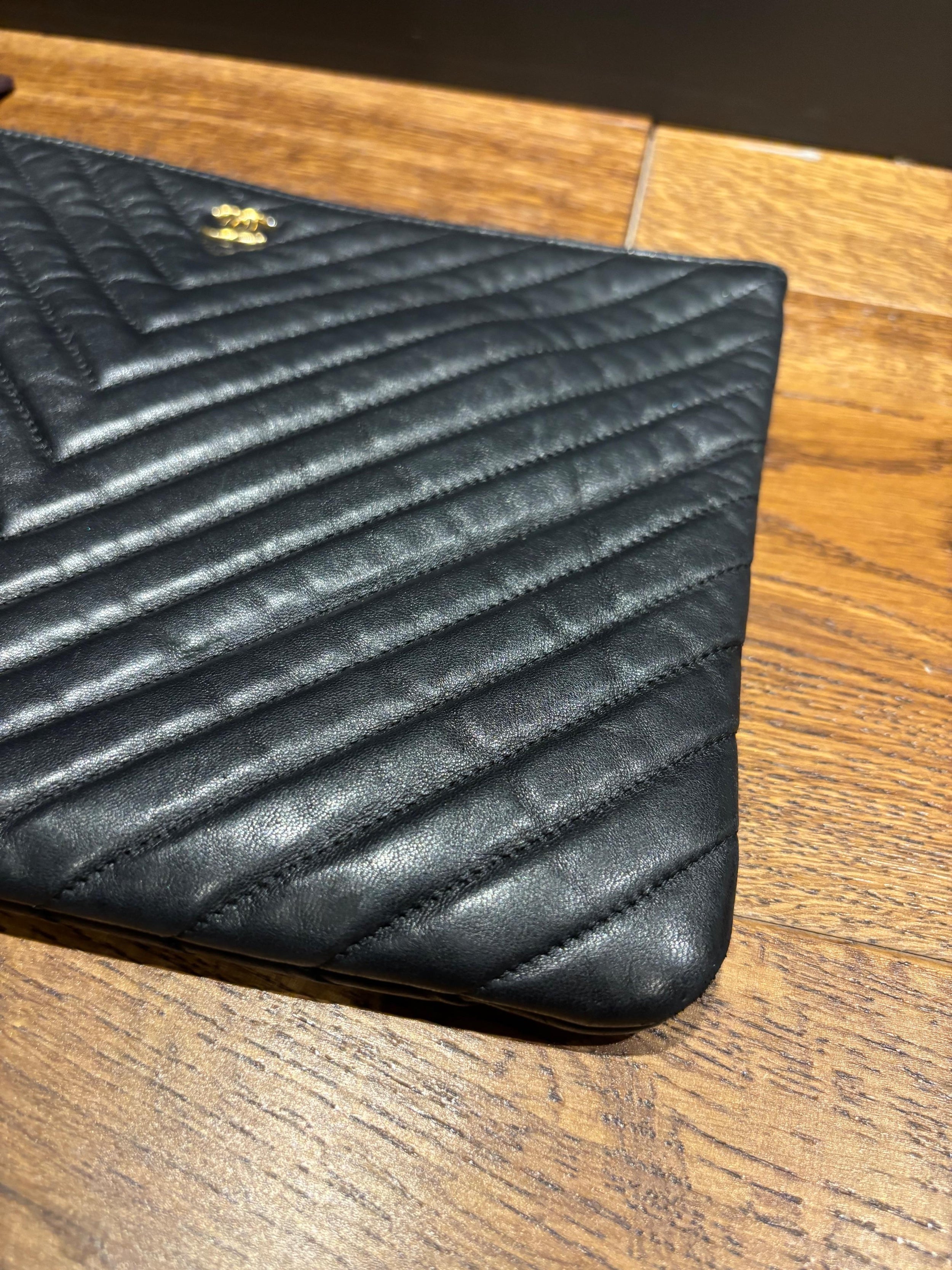 Chanel Black Leather Chevron Pouch