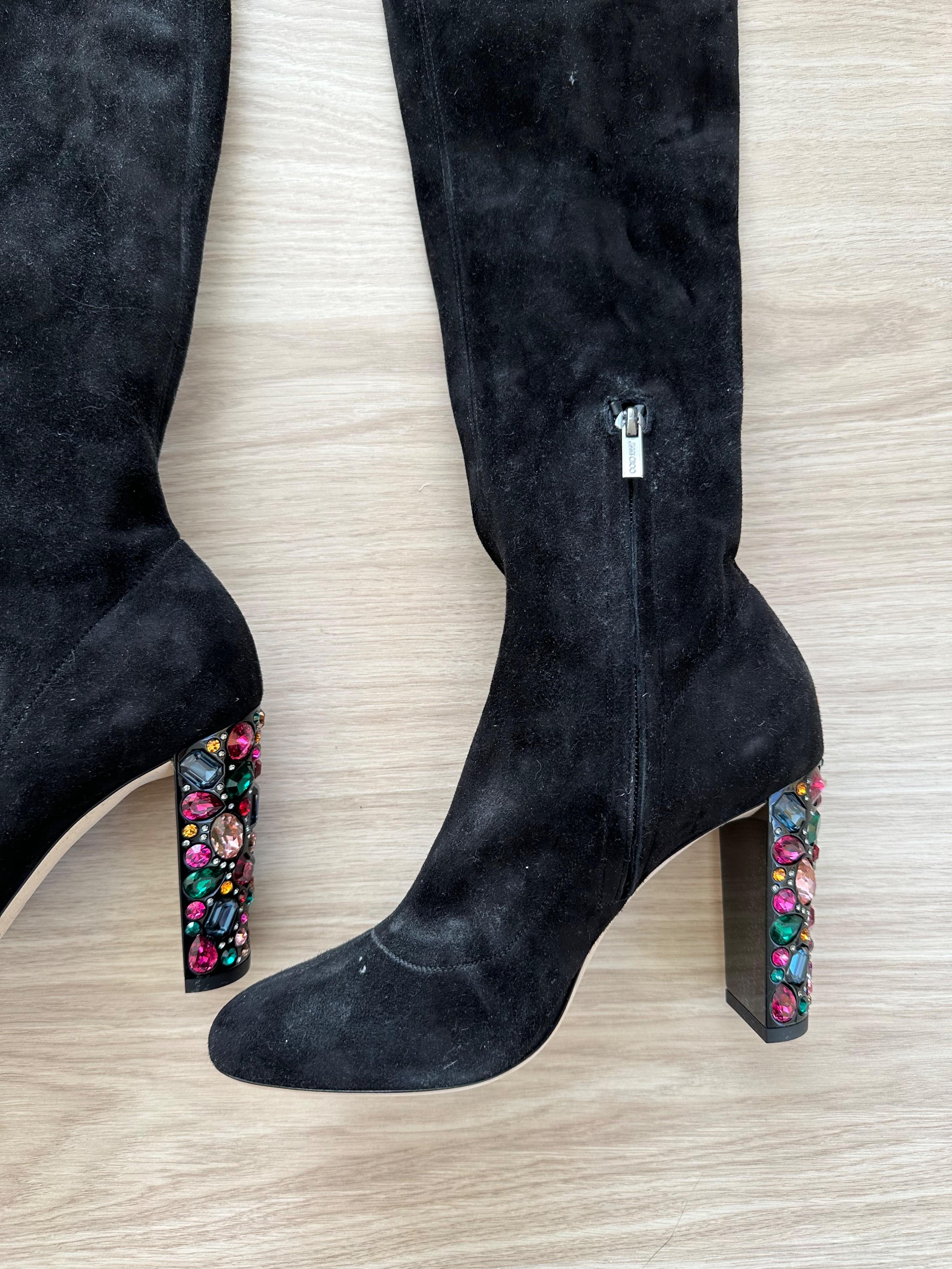 Jimmy Choo Black Suede Over the Knee Boots with Crystal Heel Detail