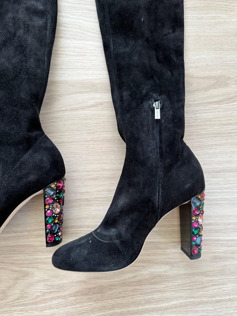 Jimmy Choo Black Suede Over the Knee Boots with Crystal Heel Detail