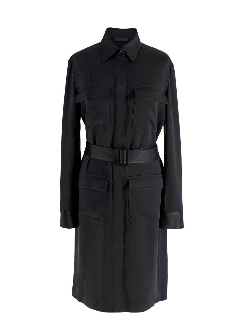 The Row Belted Black Satin Shirt Dress