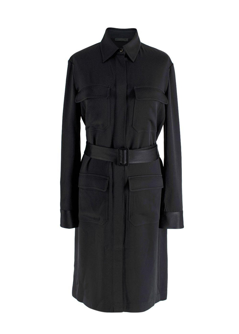 The Row Belted Black Satin Shirt Dress