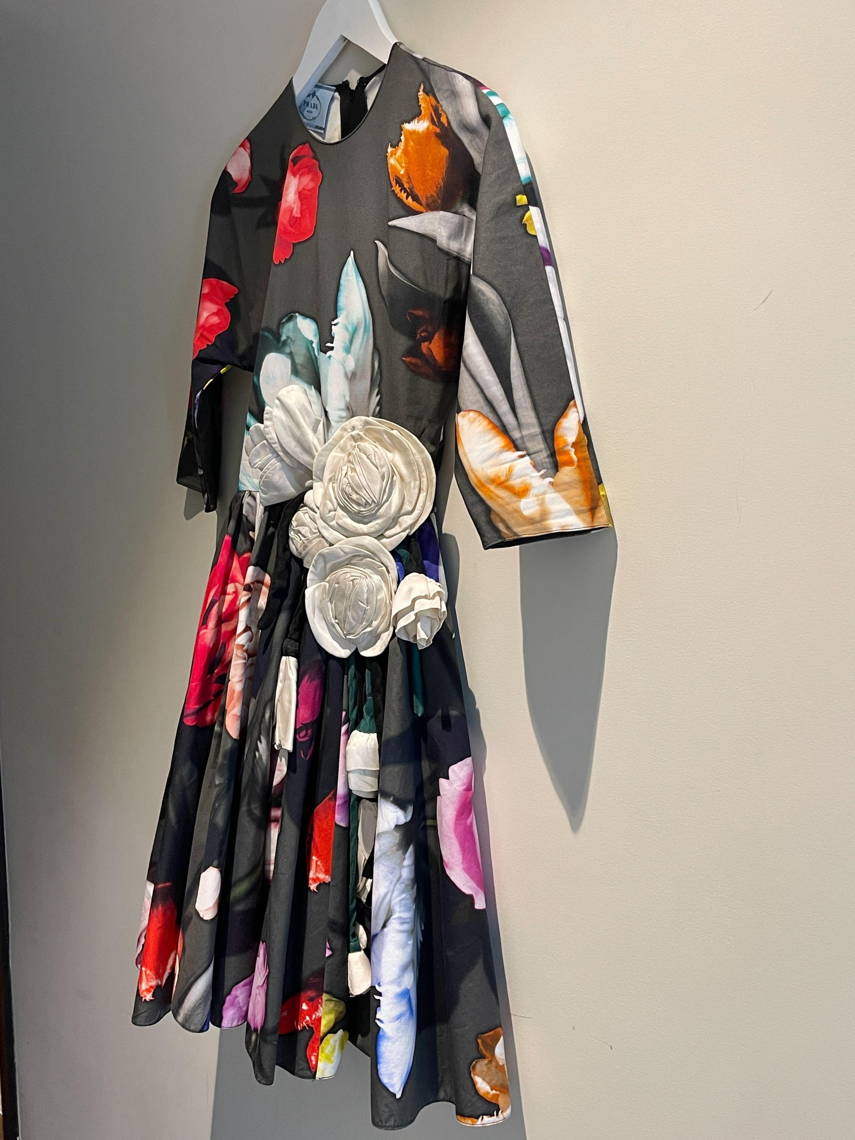 Prada Floral Embellished Midi Dress with Floral Applique