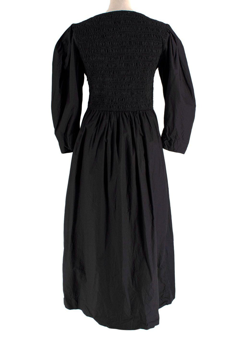 Ganni Black Cotton Poplin Open Neck Smock Midi Dress