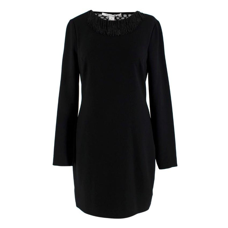 Diane von Furstenberg Black Fringed Embellished Lace Back Dress