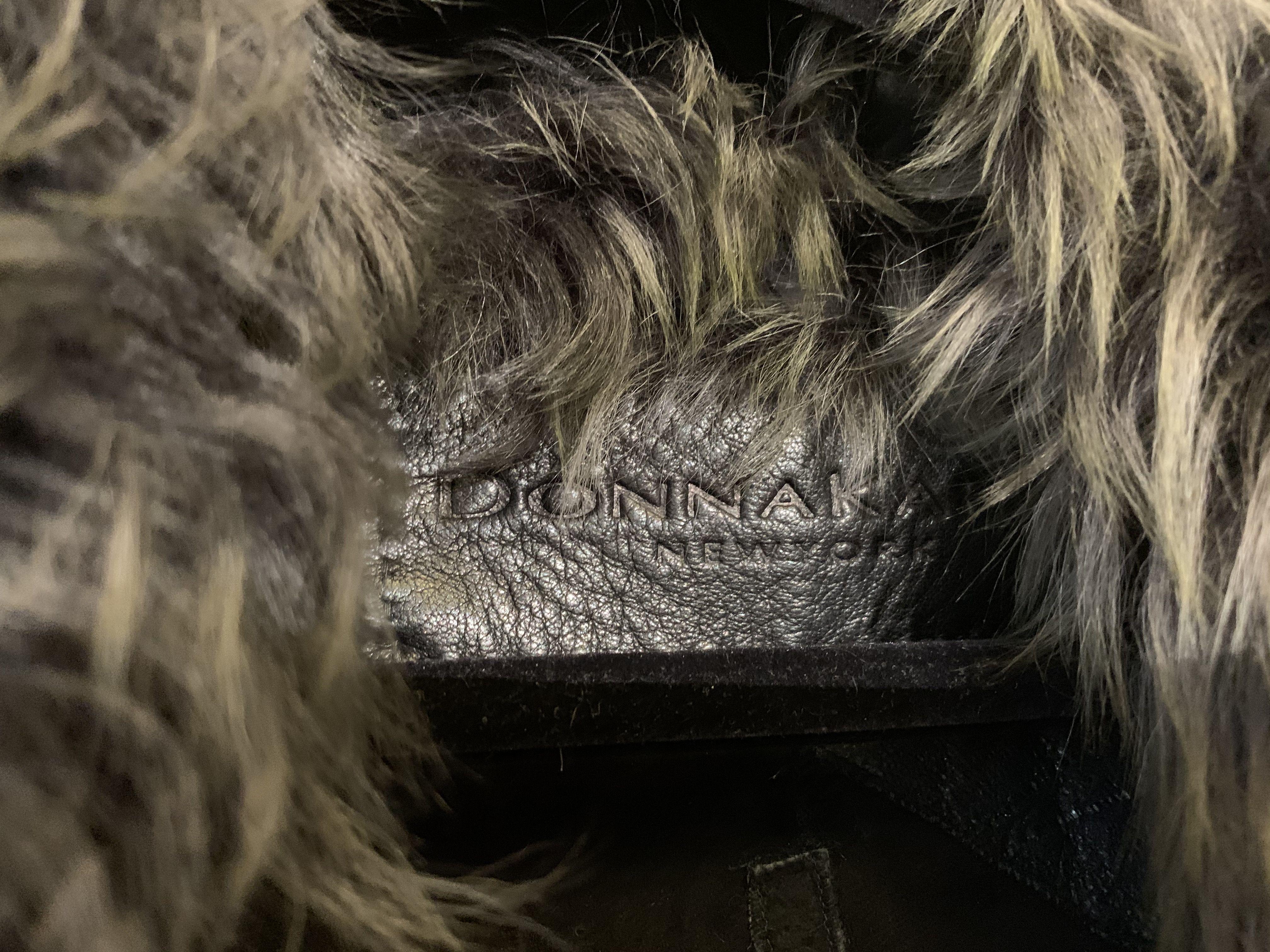 Donna Karan Leather Trimmed Patchwork Shearling Coat