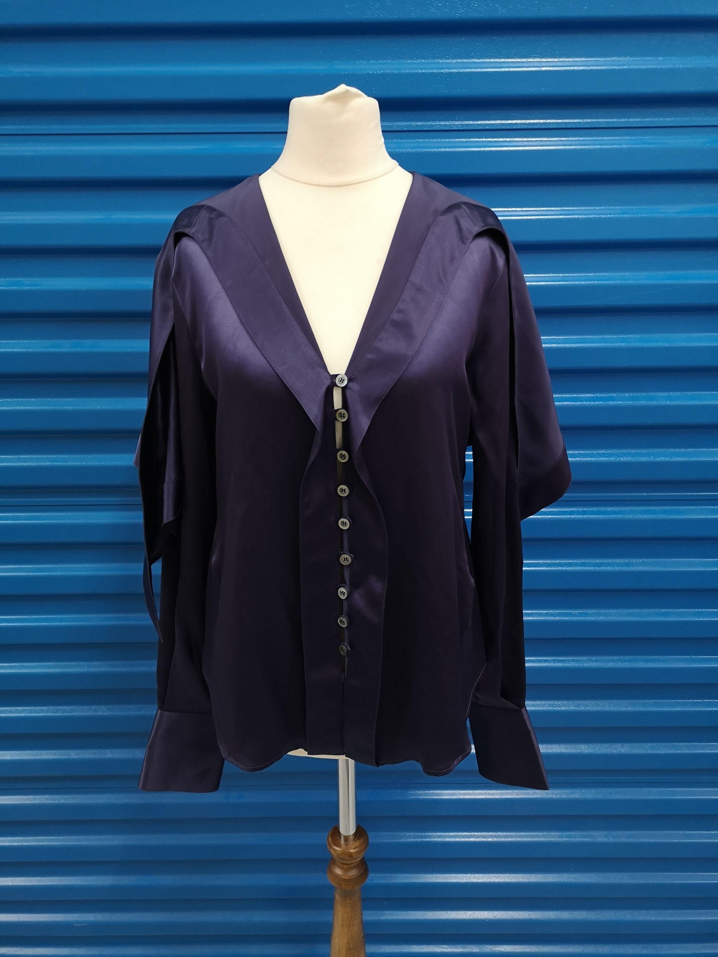 Salvatore Ferragamo Blue Shawl Collar Silk Shirt