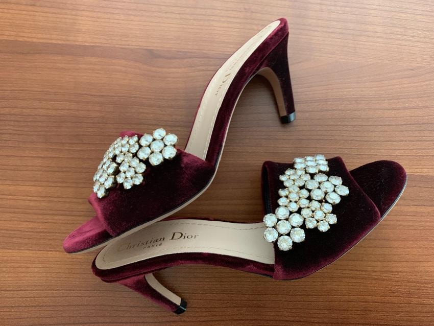 Dior burgundy rhinetone embellished velvet sandals