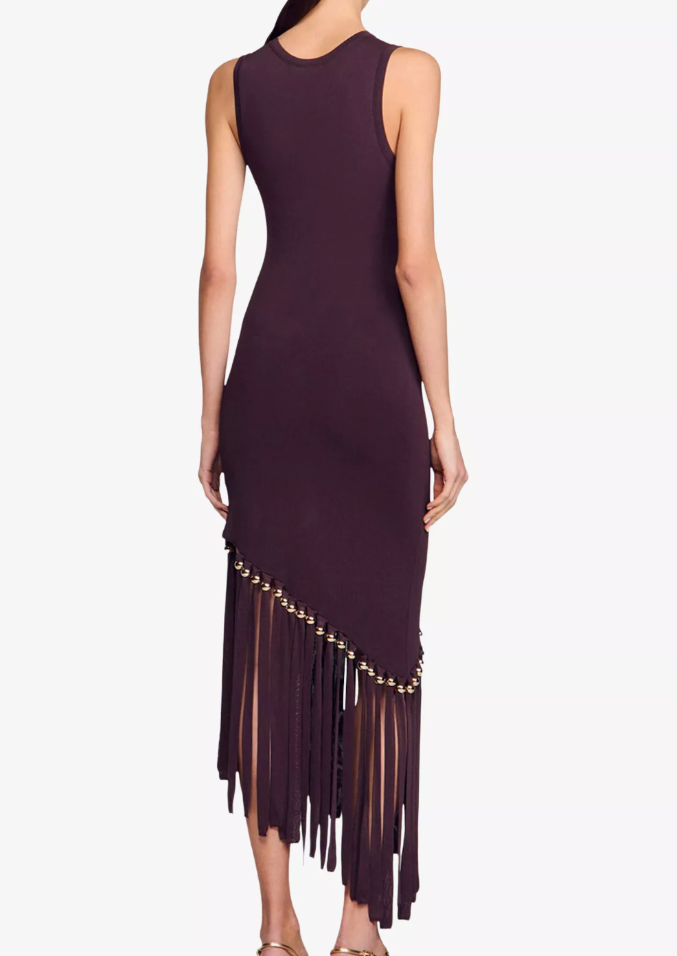 Sandro Sleeveless Fringed-Hem Knitted Midi Dress