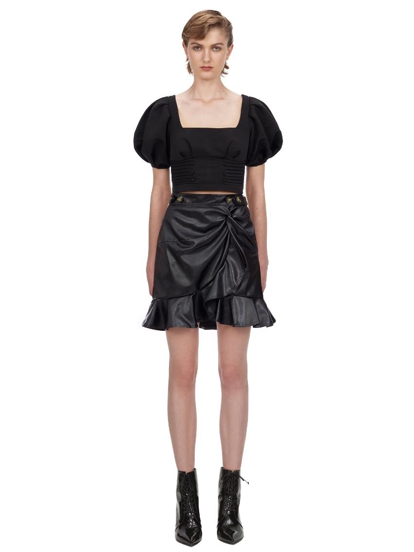 Self Portrait Black Faux Leather Flounced Mini Skirt
