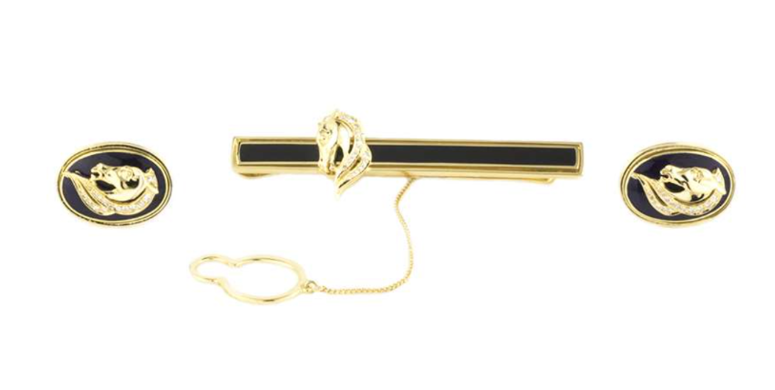 Bespoke Yellow Gold Enamel/Diamond Tie Slide & Cufflinks