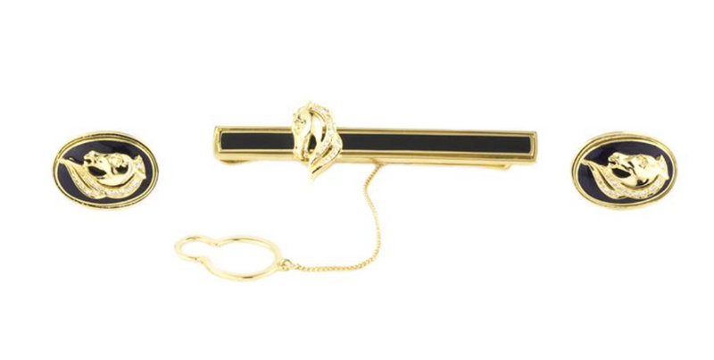 Bespoke Yellow Gold Enamel/Diamond Tie Slide & Cufflinks