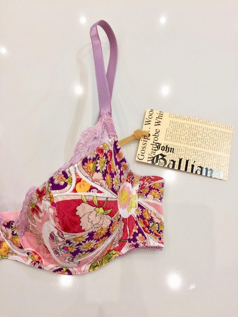John Galliano Silk Jacquard Flower Power Print Bra & Thong Set