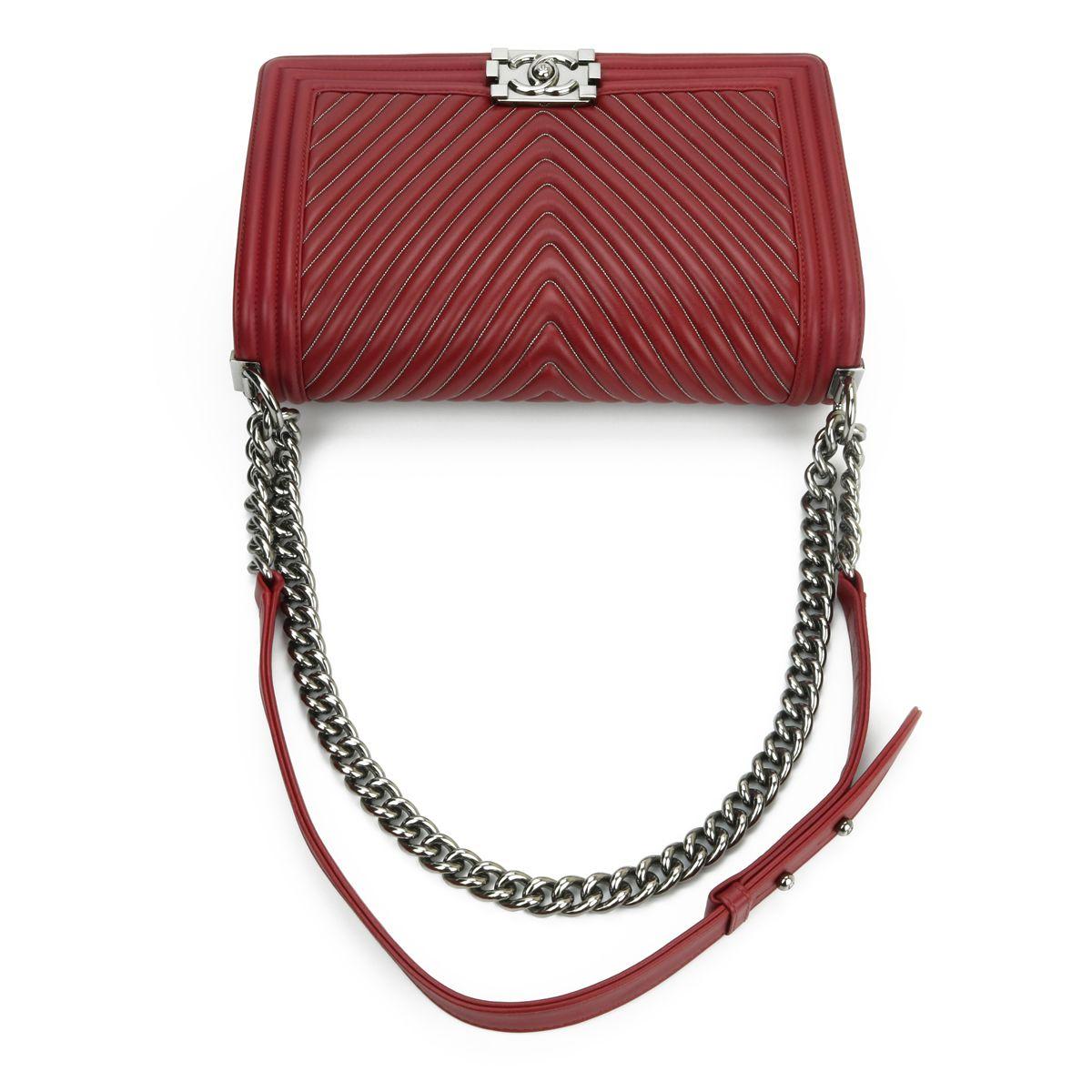 Dark Red Chain-trimmed Chevron Boy Bag