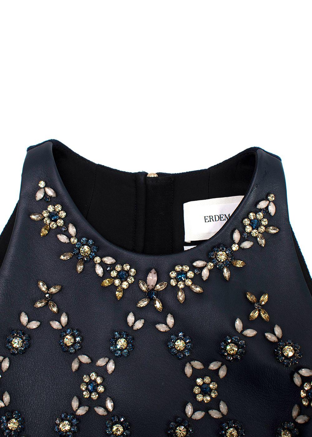 Erdem Navy Leather Floral Crystal Embellished Mini Dress