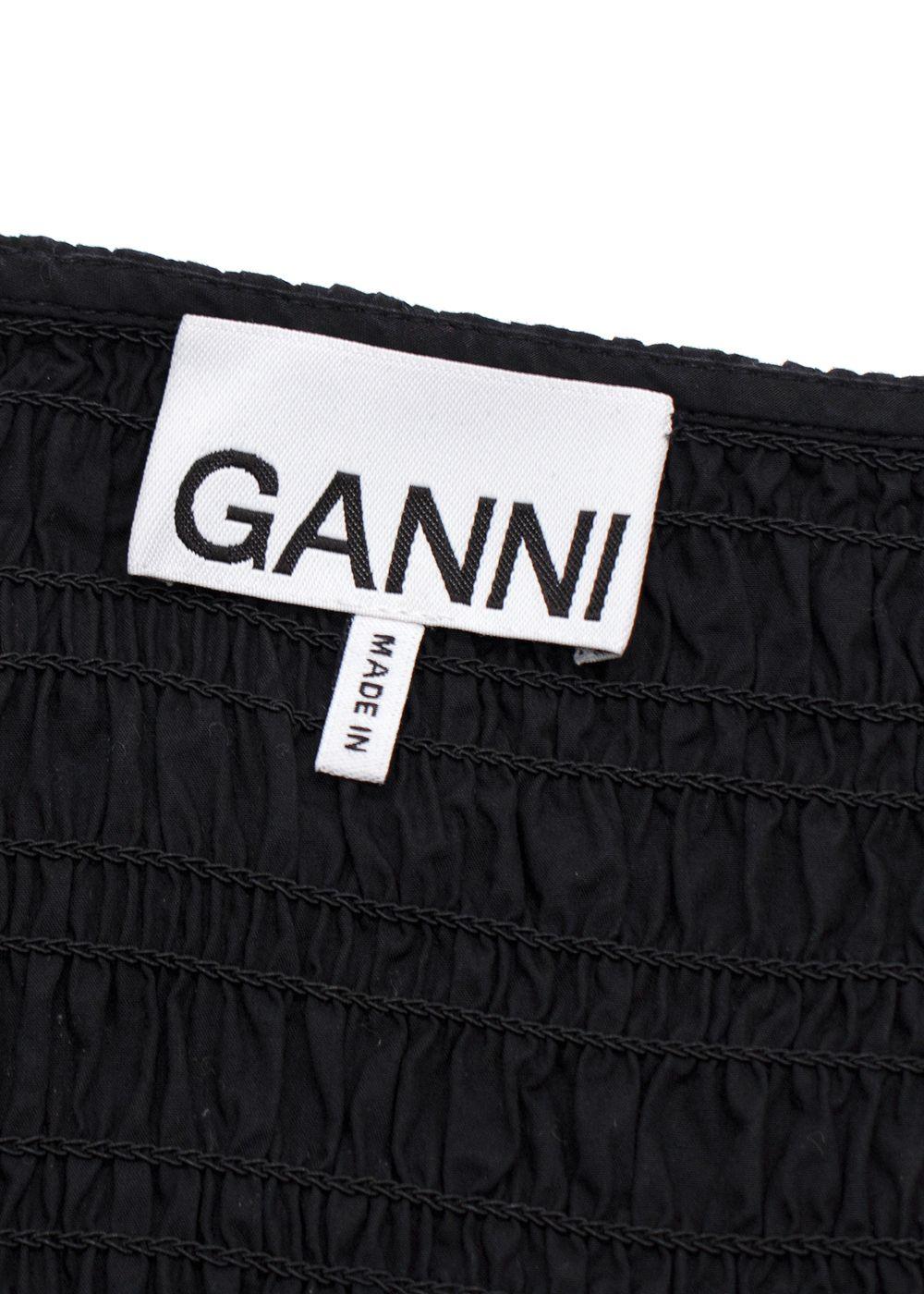 Ganni Black Cotton Poplin Open Neck Smock Midi Dress