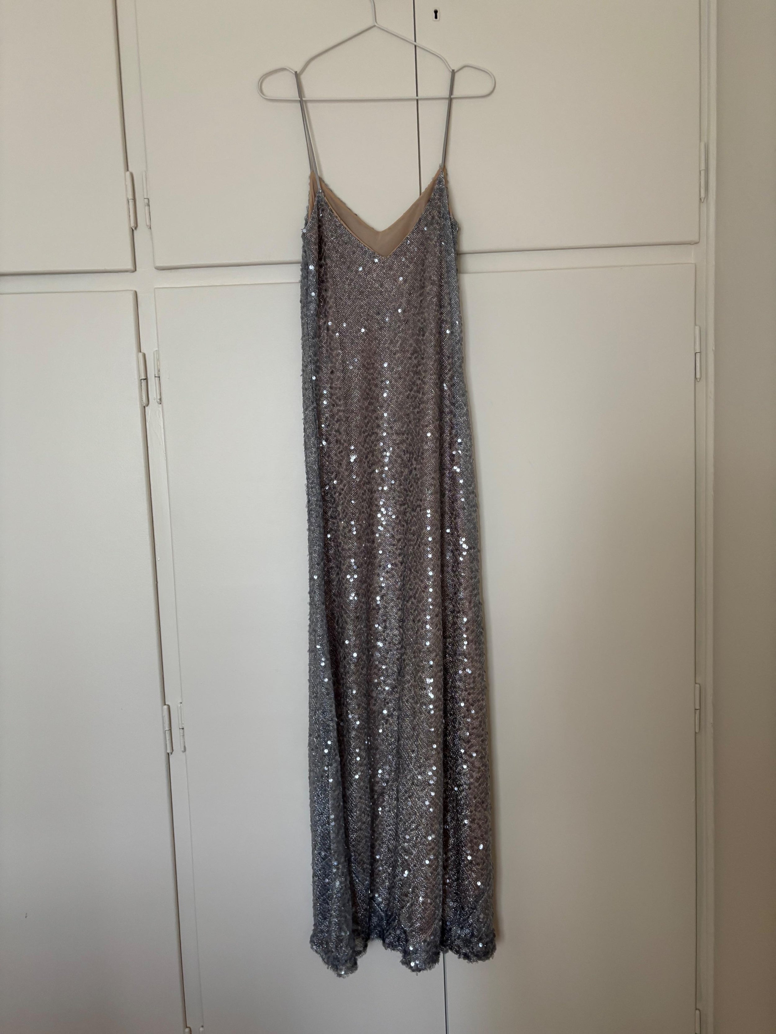 Galvan Silver Sequin Evening Dress