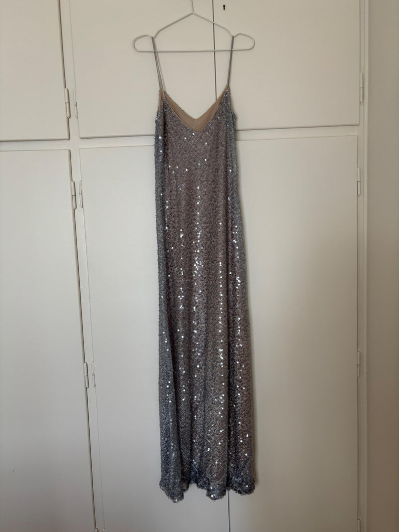 Galvan Silver Sequin Evening Dress