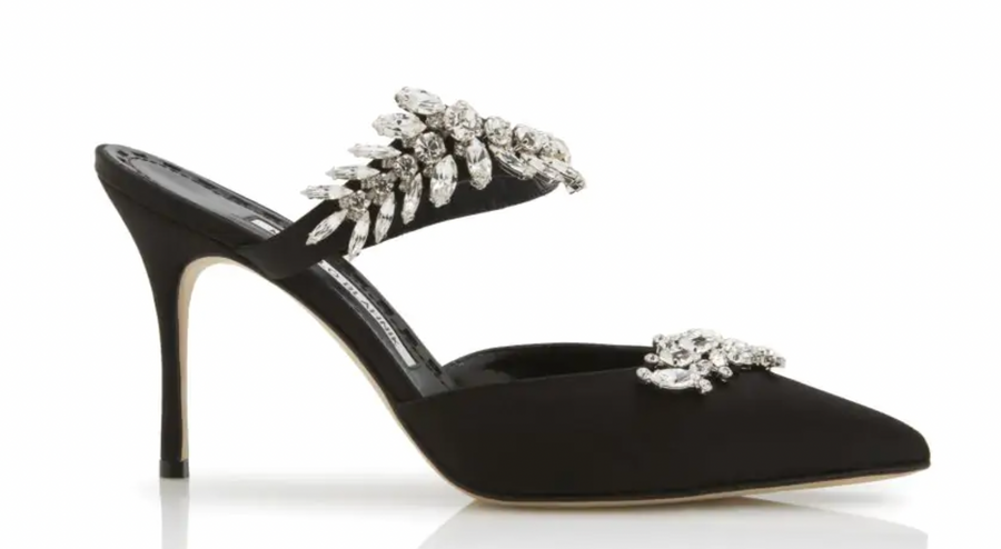 Manolo Blahnik Black Satin Crystal Embellished Mules