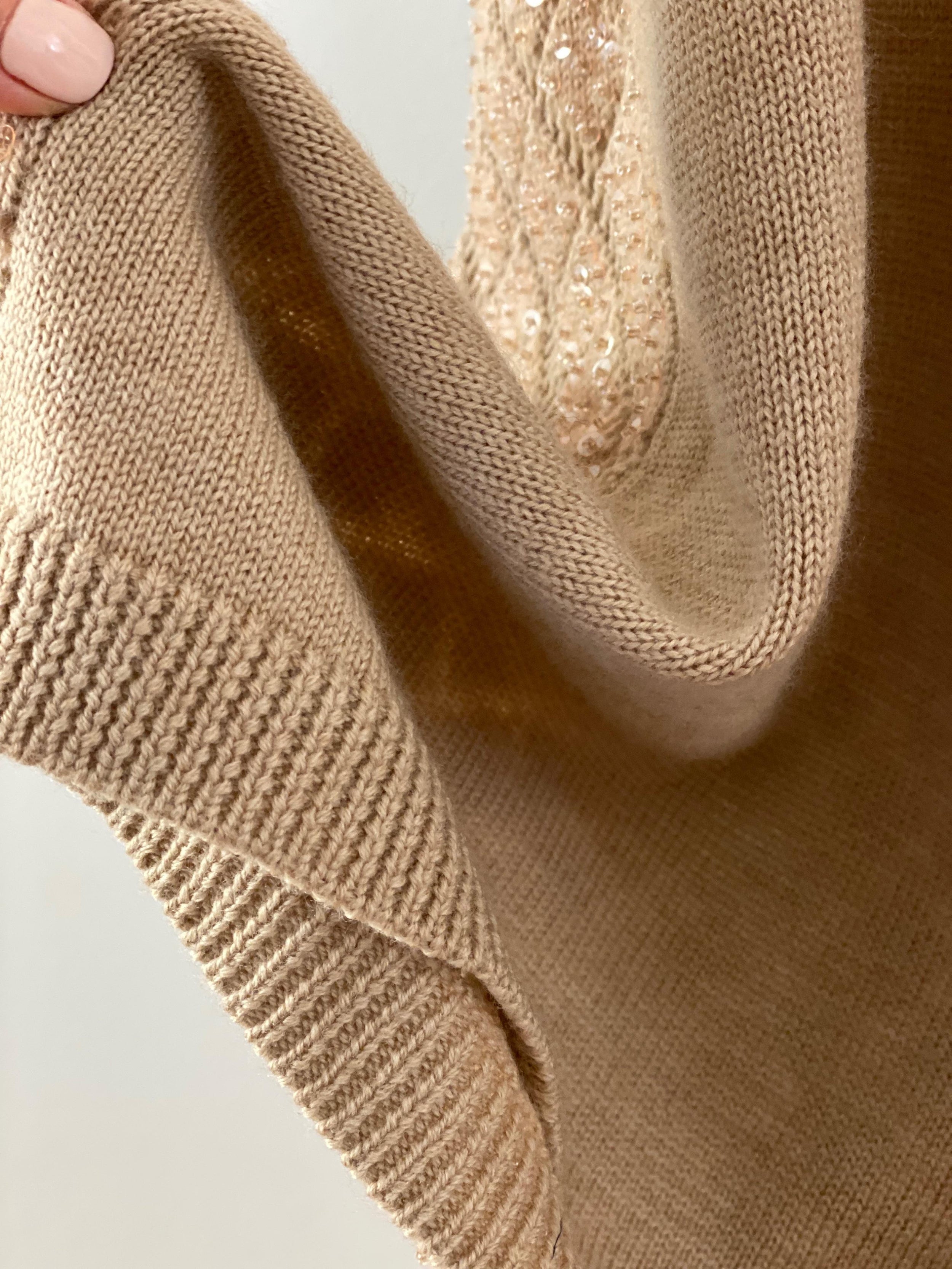 Beige sequinned pointelle knit cami dress