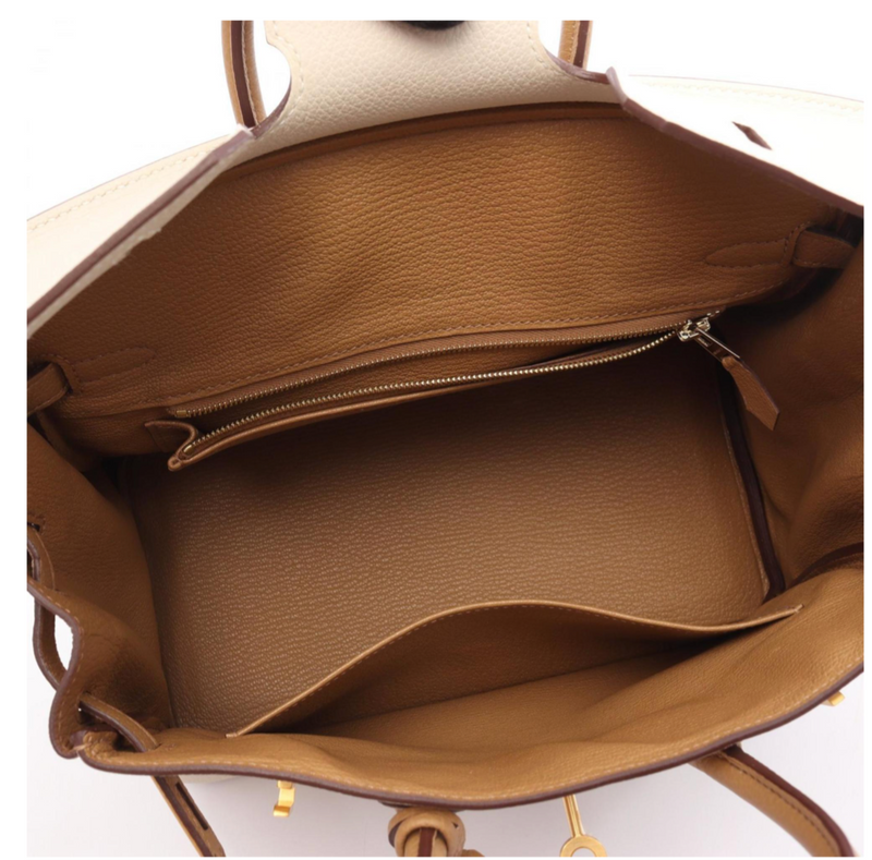 Hermès Togo Birkin 25 in Caramel Brown and Cream with Gold Hardware