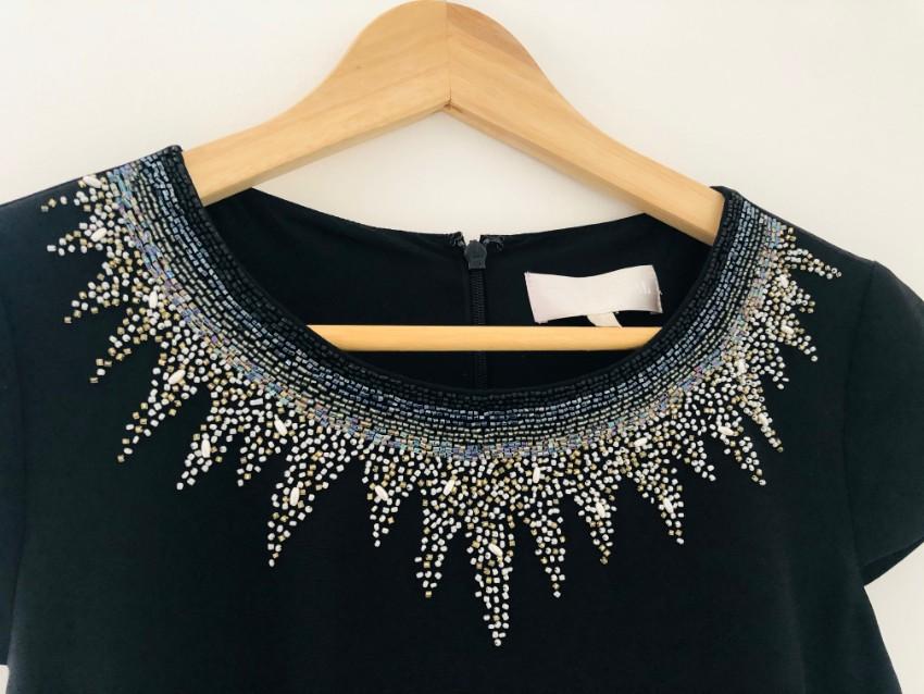 Mikael Aghal black beaded neckline fitted silk dress