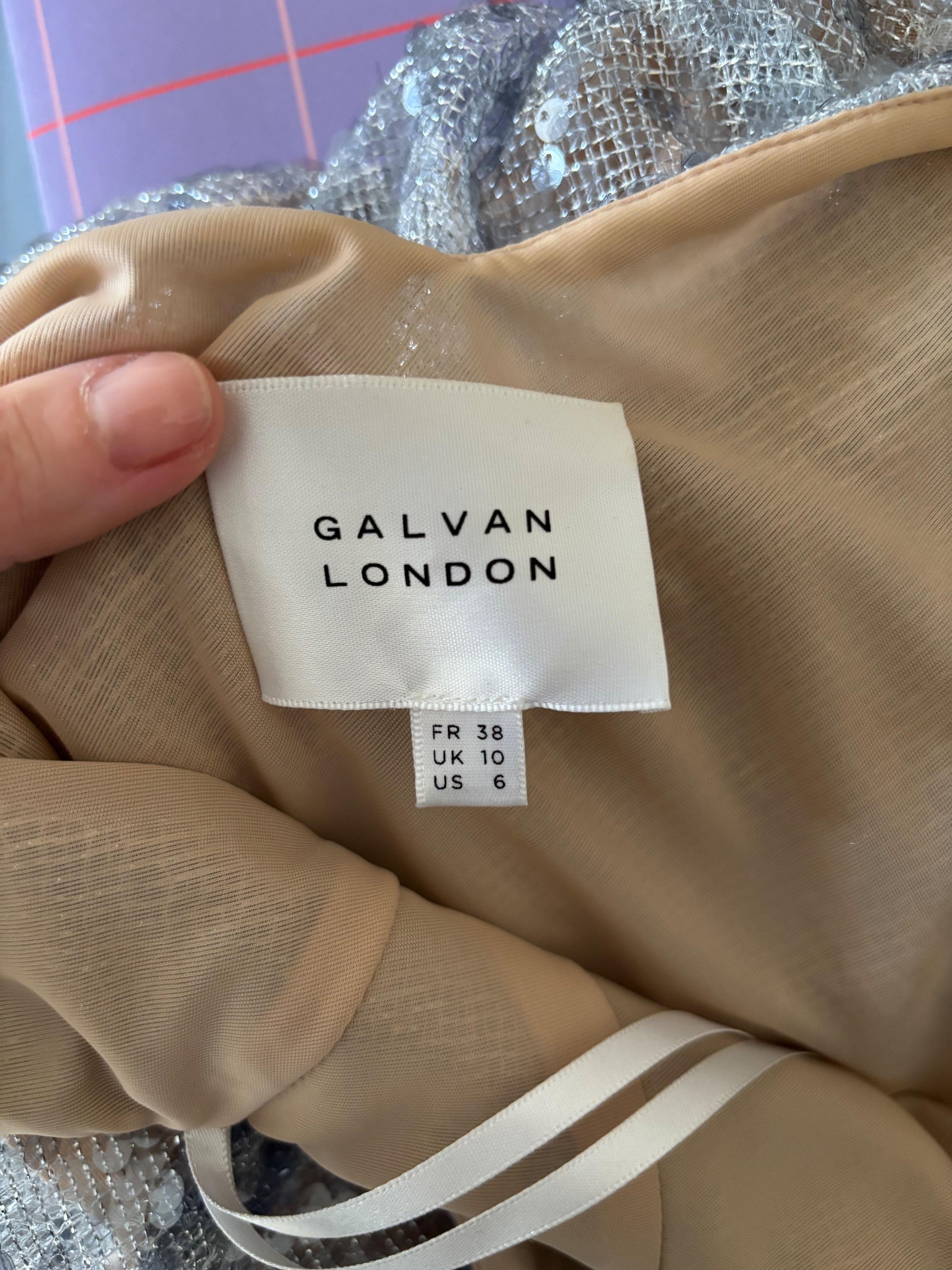 Galvan Silver Sequin Evening Dress