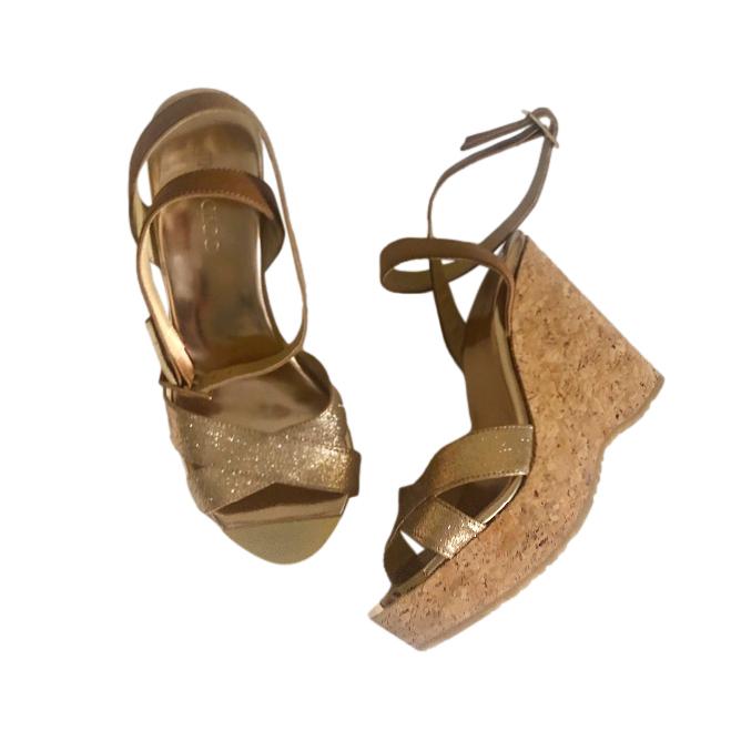 Jimmy Choo Gold Crossover Leather Wedges