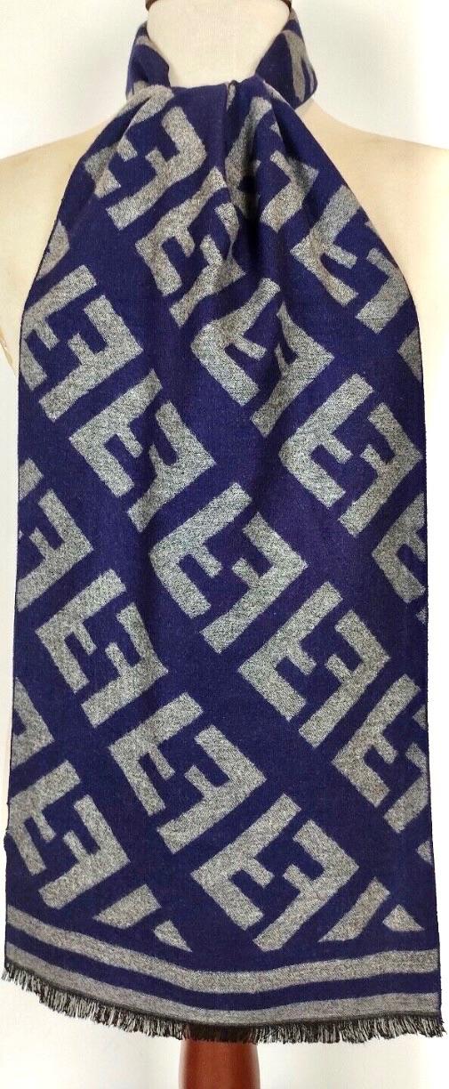 Fendi Grey and Blue Reversible Wool Scarf
