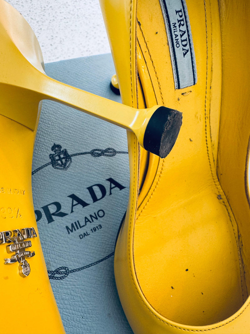 Prada Yellow Leather Heeled Pumps
