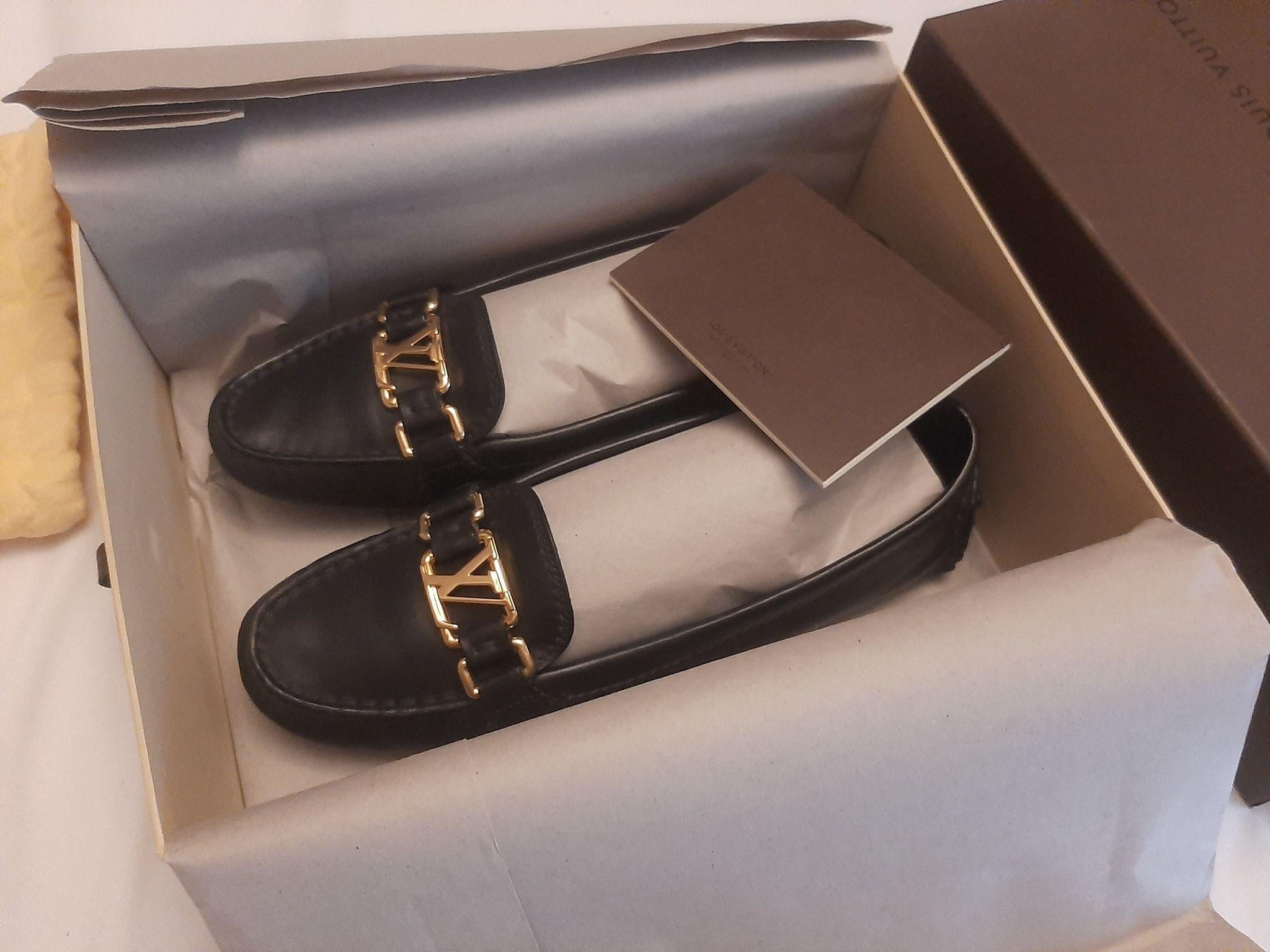 Black leather LV driving loafers