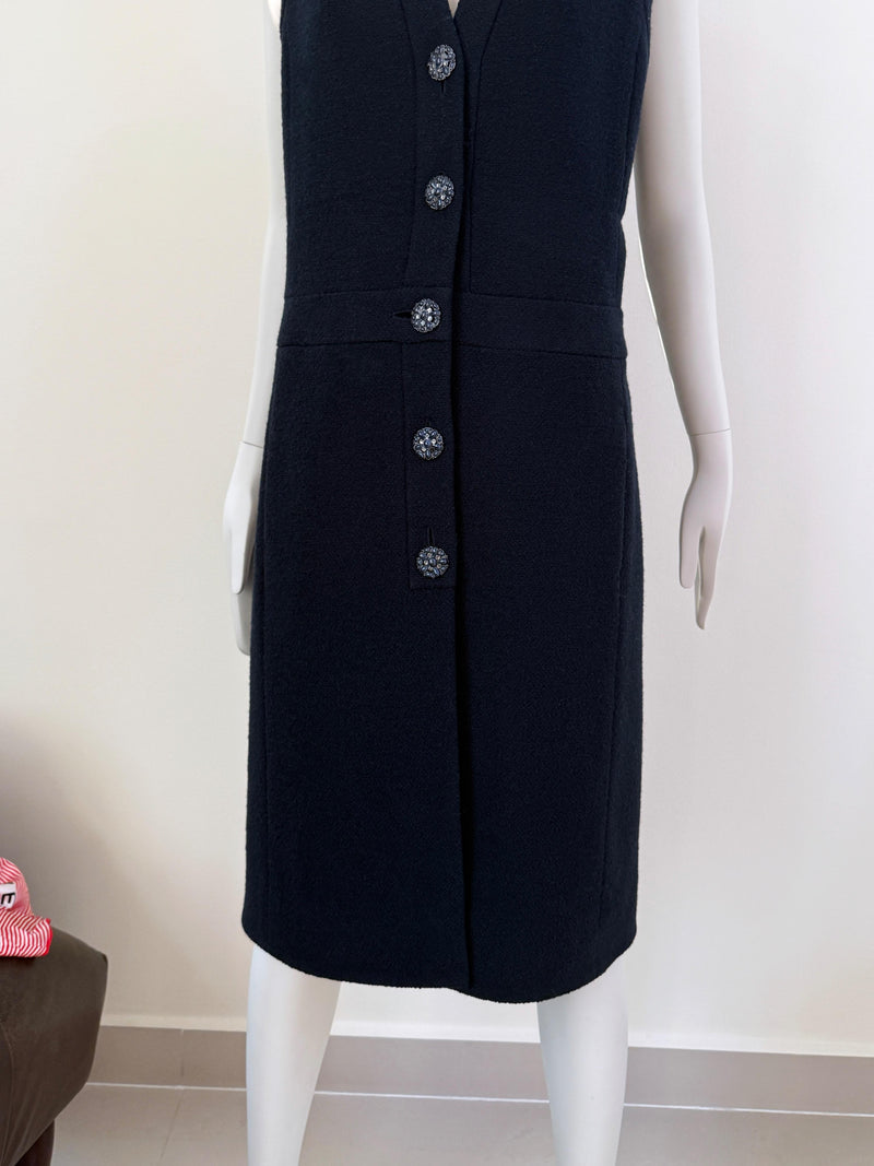 Chanel Navy Boucle Tweed Midi Dress  with Gripoix Jewel Buttons