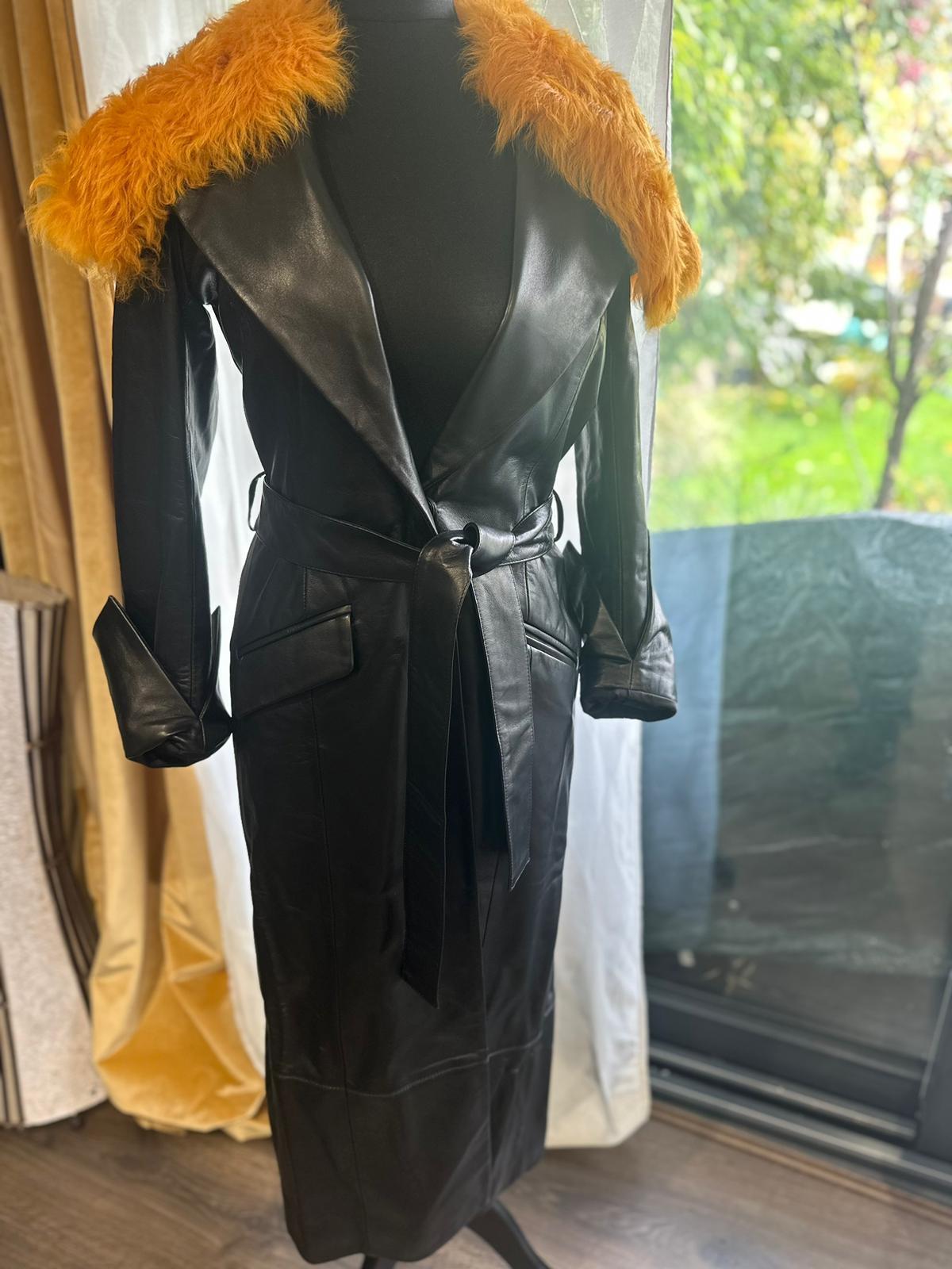 16Arlington Black Shearling Trimmed Leather Davina Trench Coat
