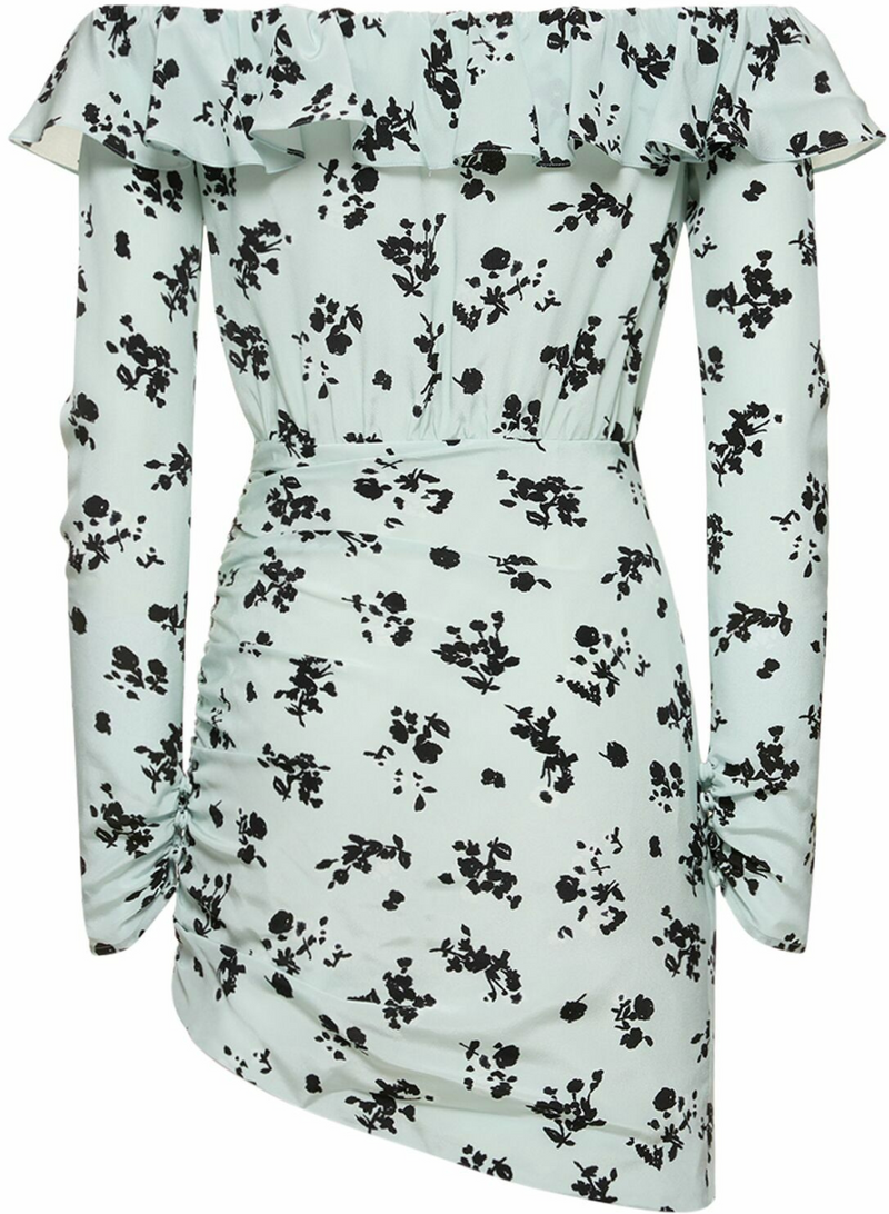 Alessandra Rich Printed Off-The-Shoulder Silk Mini Dress
