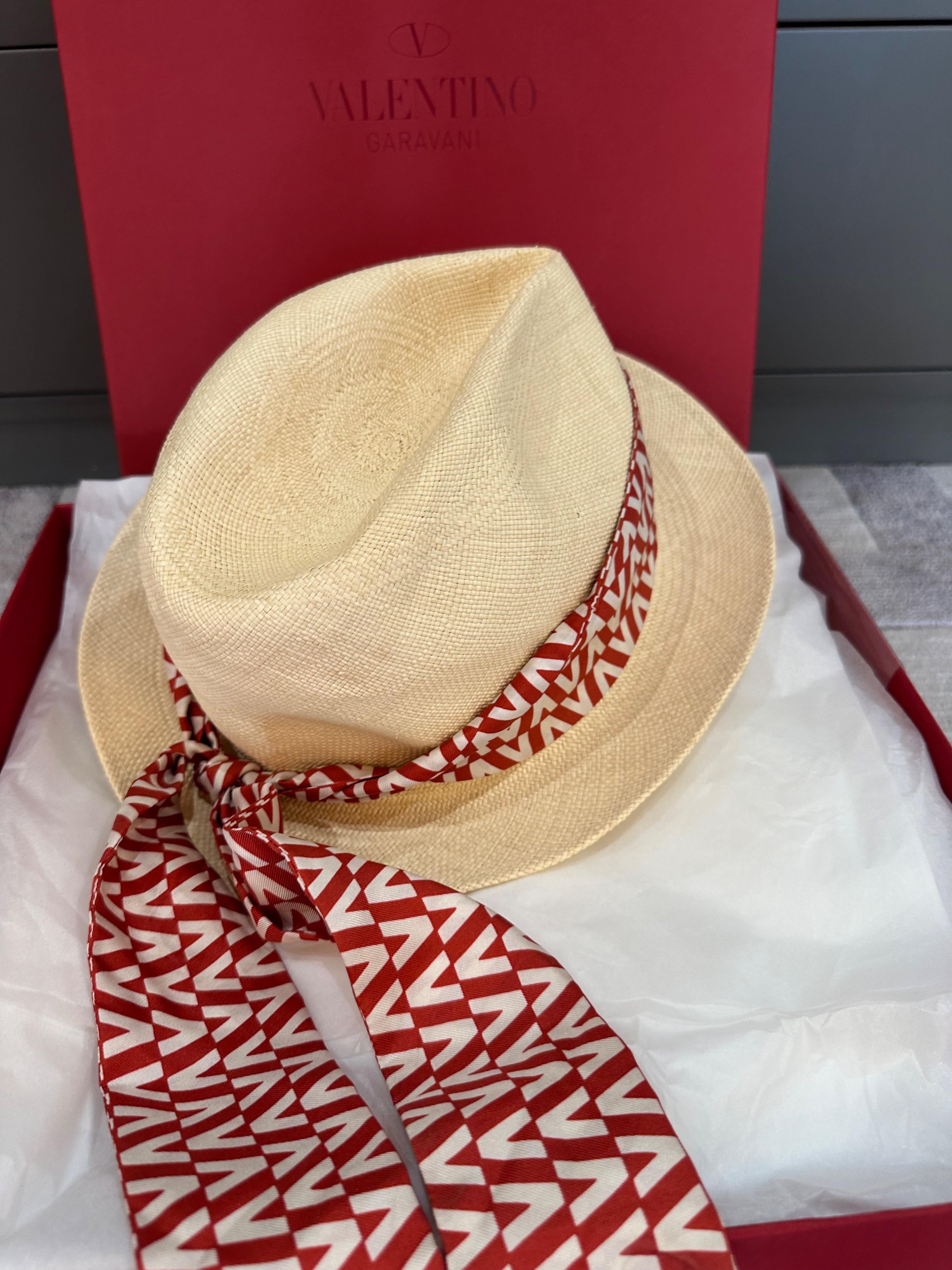 Logo Silk Scarf Wrapped Straw Hat