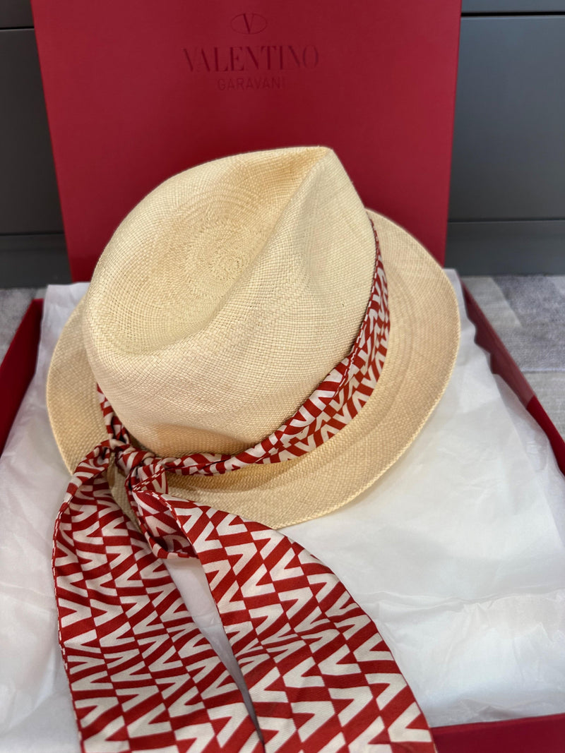 Logo Silk Scarf Wrapped Straw Hat