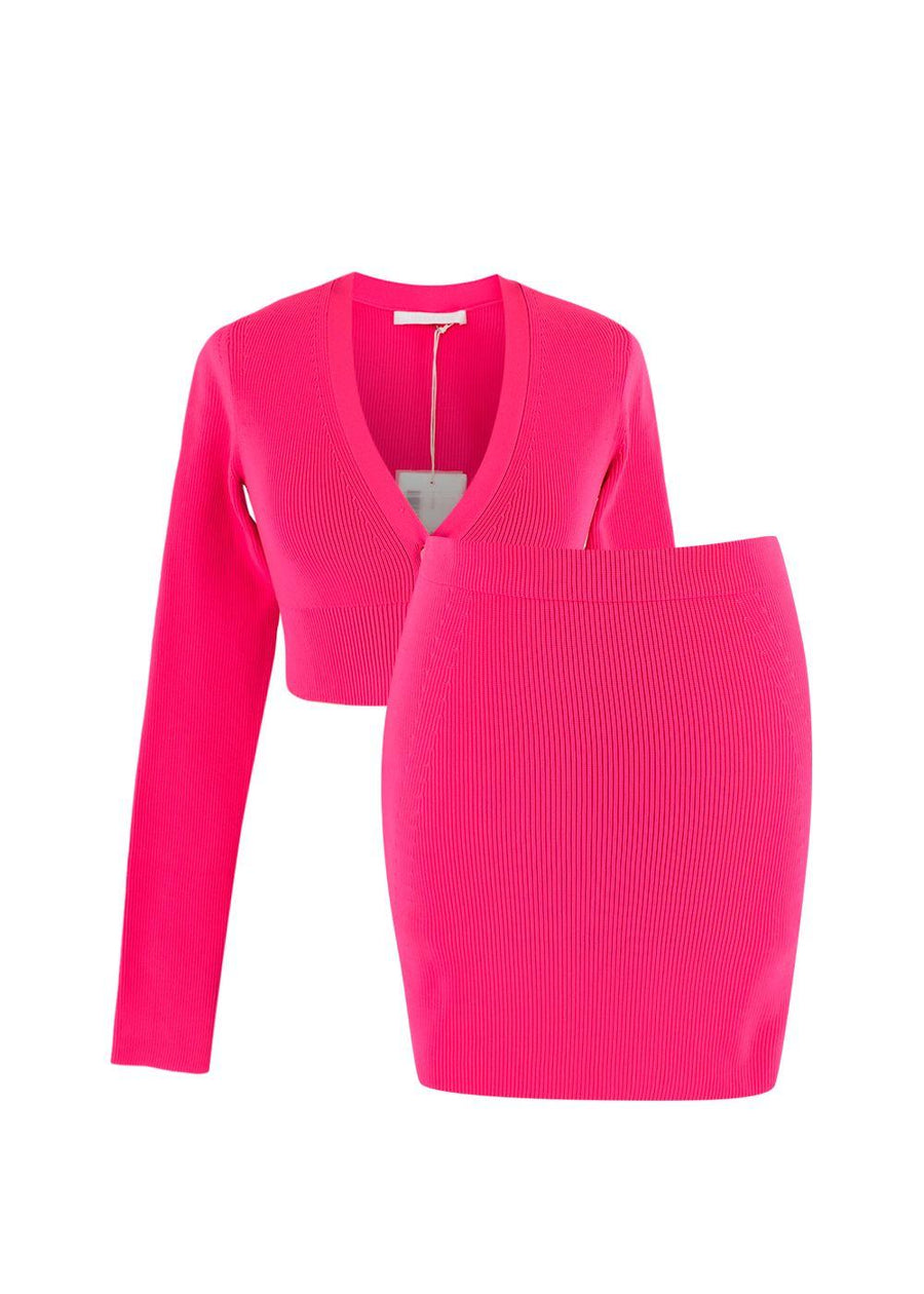 Helmut Lang Bright Pink Essential Crop Cardigan and Mini Skirt Set