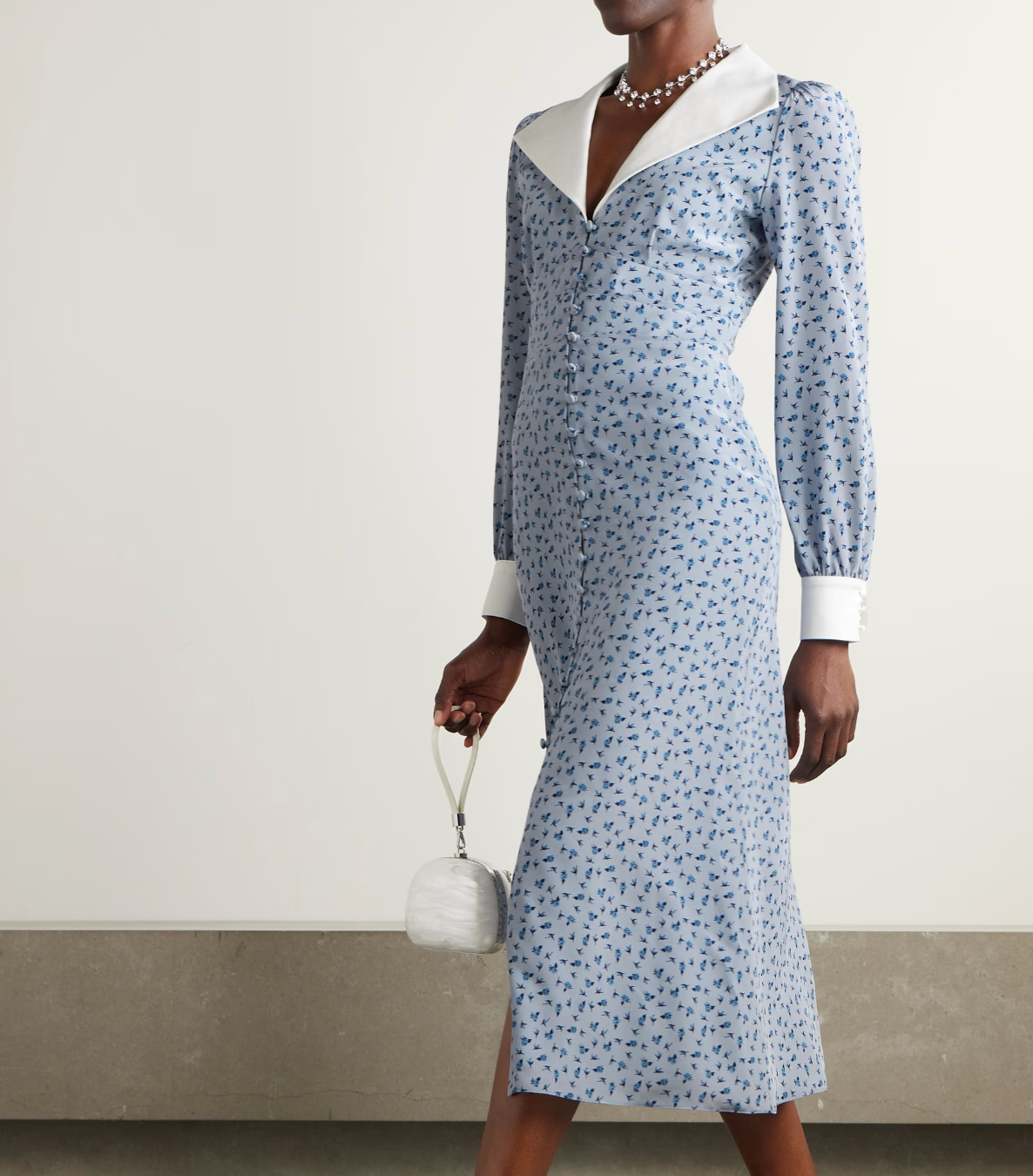 Alessandra Rich Mikado-Trimmed Floral-Print Silk-Crepe De Chine Midi Shirt Dress
