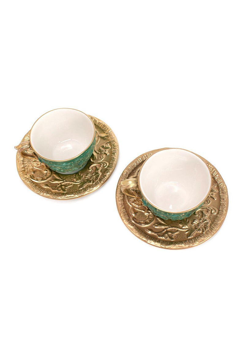 Villari Emerald Green and Gold Porcelain Tea Cup and Saucer Set
