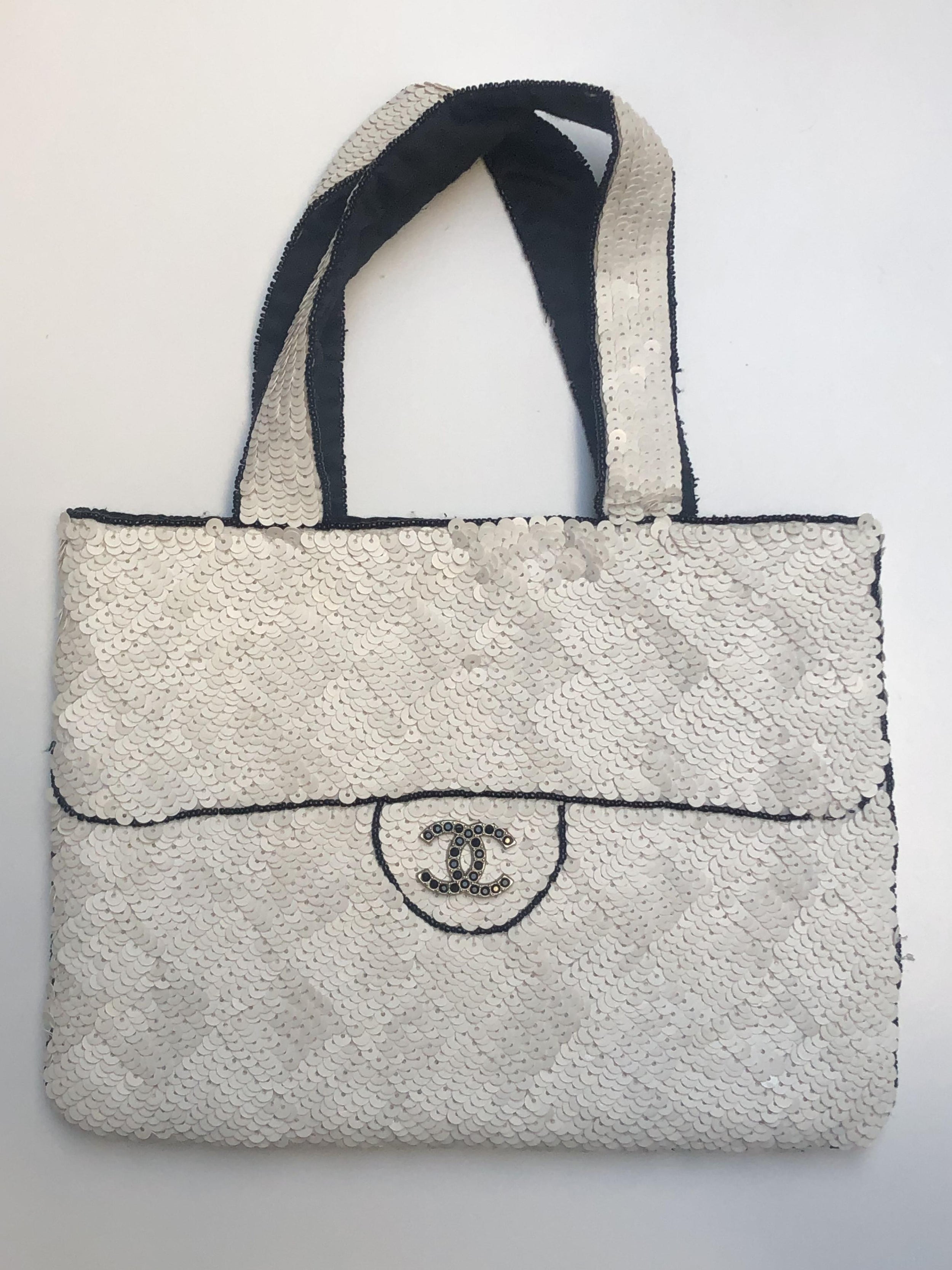 Chanel White Vintage CC Sequin Tote Bag